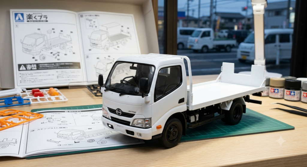 #1: AOSHIMA Raku-Pla — Hino Dutro Flatbed Truck (White) 1/32 (Snap Kit No.23-WE)