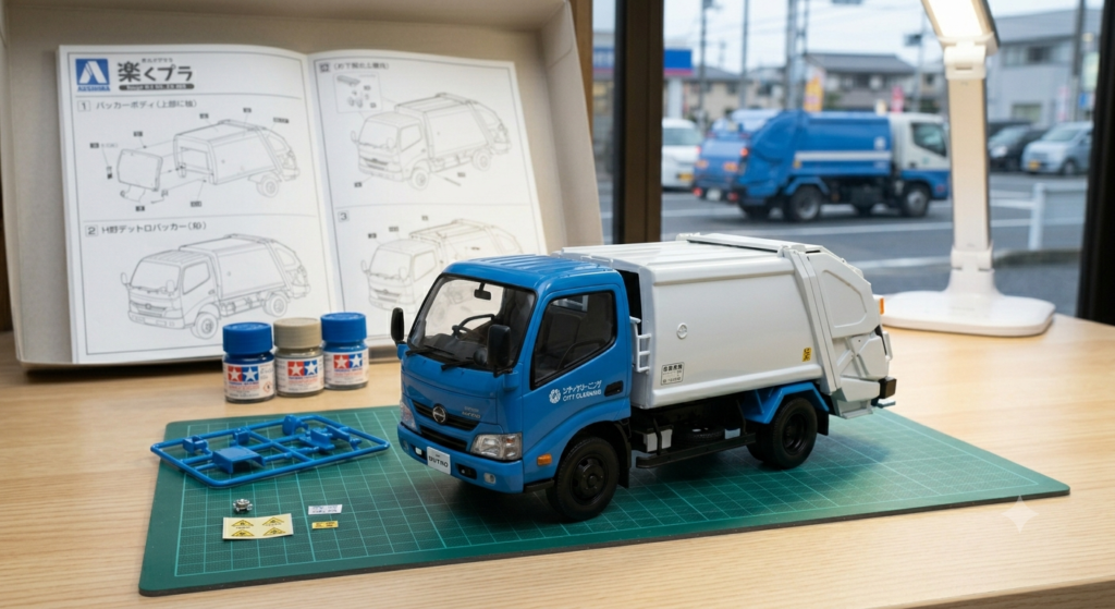 #2: AOSHIMA Raku-Pla — Hino Dutro Garbage Truck (Packer Car) 1/32 (Snap Kit No.25-PK)
