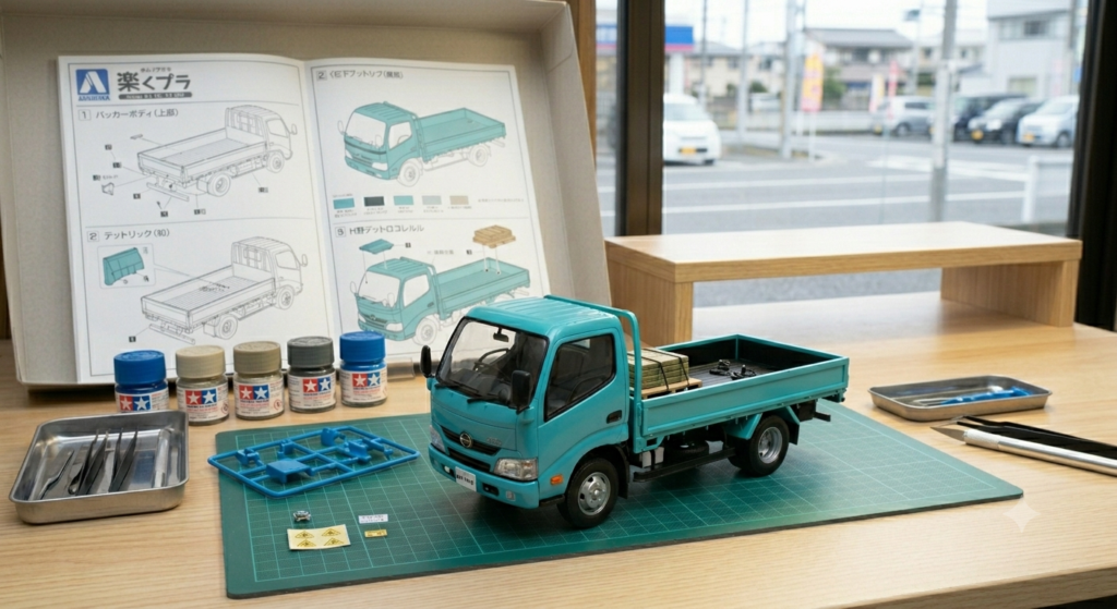 #3: AOSHIMA Raku-Pla — Hino Dutro Flatbed Truck (Turquoise) 1/32 (Snap Kit No.23-TE)