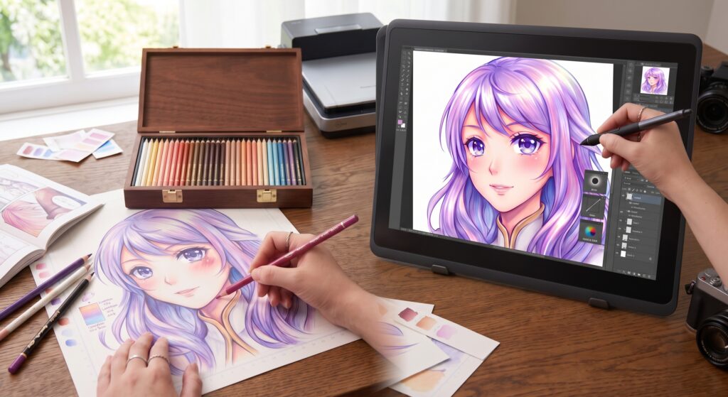 애니메이션 그림 그리기에 있어 홀바인 색연필과 디지털 아트의 차이점